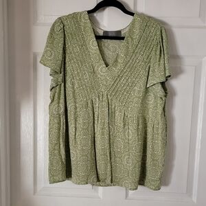 Green Smocked Flutter Sleeve Blouse